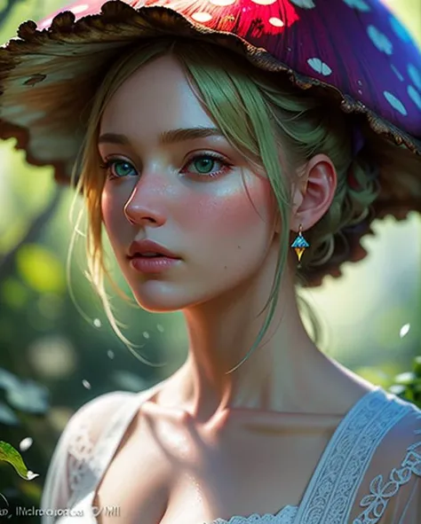 (depth of field), by Jeremy Mann, mushroom botanical illustration from ancient encyclopedia, lens flares, (masterpiece), ((fantastic location)), luminous mesmerizing colors, Marek Okon, with an eerie white light shining through and a gradient shadow on the top part of the woman's face. Use a backlighting effect to add depth to the image., 8k,