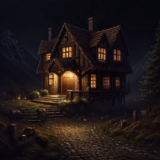 buttons, house, building, hansel and gretel, (realism), (masterpiece), (cinematic lighting), cobblestone, 8k vibrant colors, mountain, creepy, flying insect, full shot body photo of the most beautiful artwork in the world, RUG, black background,