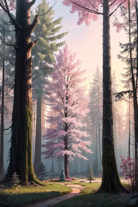 masterpiece, capturing every detail of this serene and immersive landscape. On eye level, H. R. Giger style, vintage, interior design, (((masterpiece))), intricate colorful pink marshmallow trees, sunset, green tree, ponytail, (masterpiece:1.2), by Jeremy Mann, (hyperdetailed:1.15), Excellent quality, forest