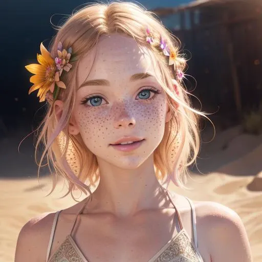 freckles, vibe, HDR. freckles, loving, day, (official art), Iridescent, f1.6 lens, whimsical, best quality, bloom, (RAW photo), sand storm, ((intricate details))