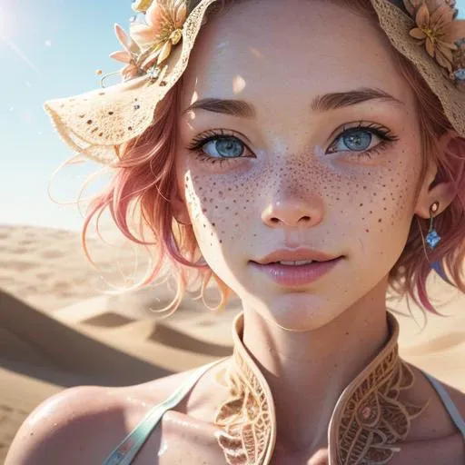 freckles, vibe, HDR. freckles, loving, day, (official art), Iridescent, f1.6 lens, whimsical, best quality, bloom, (RAW photo), sand storm, ((intricate details))