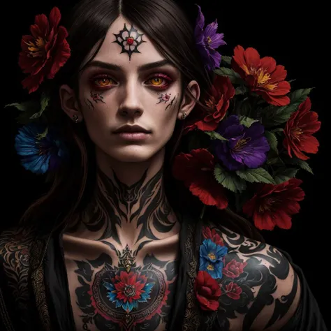 delacroix style, flower, very dark lighting, colorful clothes, tattoo, artistry, ((man)), tranquil, dark atmosphere, fashion photography portrait of hazel human avatar, (sidelighting, detailed pupils:1.1), High contrast, hourglass slim figure, looking at viewer