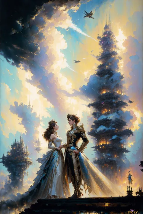 prince_or_princess and king, luxurious, fairy tale, hair, photograph, 8k, modernism, standing. smoke, cloudy sky, intricate details, trending on artstation, ((oil painting by John Berkey), masterpiece:1.2), shading, cyberpunk city, fireplace warm lighting, flat colours