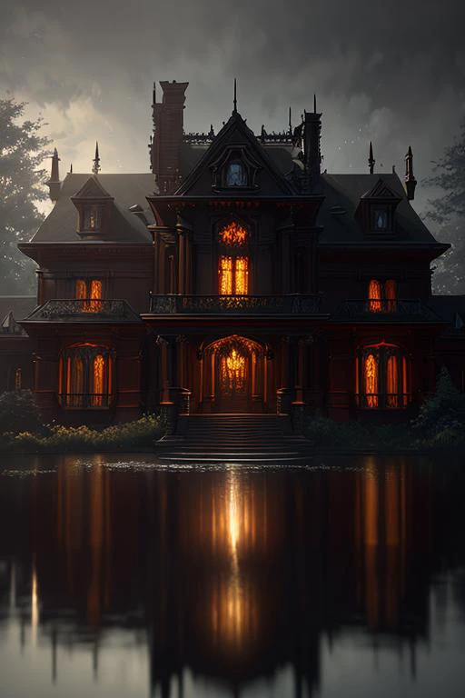 dramatic, octane render, reflections, photorealistic painting art by midjourney and greg rutkowski, rubin-like dark red eyes, sharp, ((bright soft diffused light)), full shot of a Boorish Mansion, (warhammer style:1.1), Volumetric lighting, best quality, A gorgeous and intricate painting, hyperdetailed, epic stunning, hdr