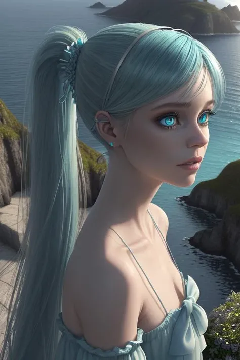 hill, (hyperdetails: 2.0), aquamarine eyes, home, (photorealistic:1.2), grim, ((island sanctuary)), High Detail, side ponytail, popular on flicker