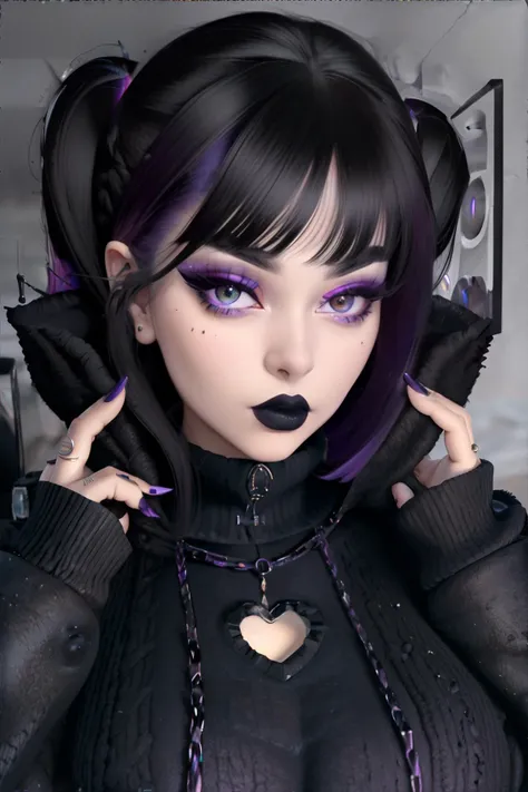 <lora:moderngoth:0.6>, mgoth, woman wearing oversized black sweater, black lipstick, purple and black hair, dark bedroom || masterpiece, perfect quality, sharp focus, shallow depth of field, 8k