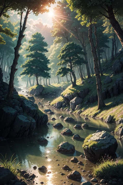 digital art of a landscape, realistic light, forest, (river:1.1), clouds, hdr, sun light, nature, dark green theme, (pastel colors:1.2), hyper realistic, rocks, anime style
