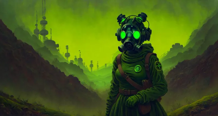 painting of a girl in a gas mask holding a bag with a glowing green light, oil on canvas; nuclear fallout, surreal dark art, wearing a botanical gas mask, dark surreal art, nuclear art, polluted, she wear gasmask, radioactive horror painting, in its dying breath, slicing the air. pop surrealism, toxic air, pollution, surreal oil painting, serene<lora:AdvancedEnhancer:1.0><lora:AdvancedEnhancer:1.0> <lora:cdf:0.8> cdfpainting