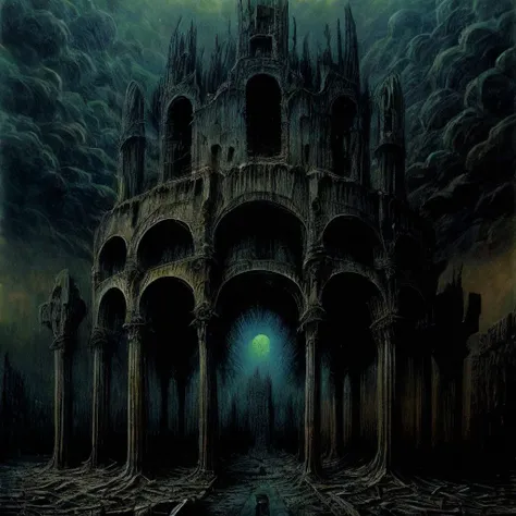 ((best quality)), ((masterpiece)), (detailed), ruins of the city, depressive atmosphere, by Zdzislaw Beksinski, beautiful composition
