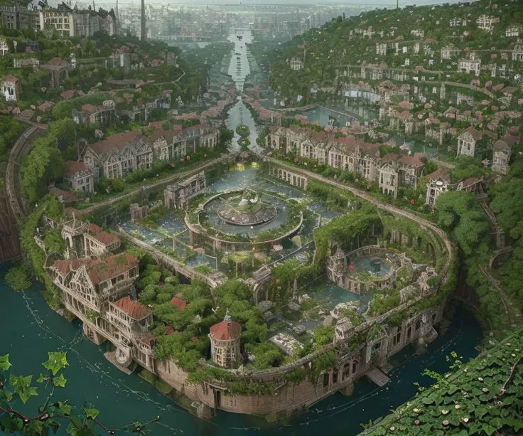 ((drowned city)), challenge, masterpiece, bird's eye view, ((ivy-covered house))