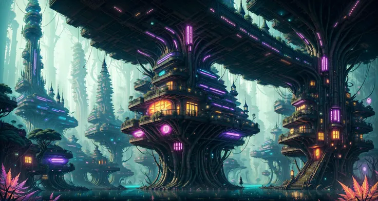 Henri Rousseau, (((A floating mythical city on a giant forest))) (((mythical peoples))) Year 50000 BC (((Cyberpunk Style))), Atey Ghailan, illustration, dark background with neon vivid colors, colorful, mythical fantasy, serene<lora:AdvancedEnhancer:1.0><lora:AdvancedEnhancer:1.0>