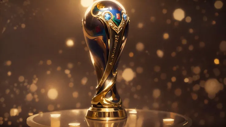 an awarded profesional photography of world cup trophy, award, (ultrasharp:1.3),(masterpiece:1.1),best qualit,(photorealistic:1.2),ultrarealistic,realistic 4k perfect quality,Aerial viewMagnificent,Imperceptible detail,Intricately designed,