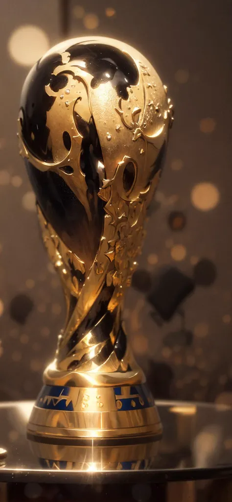 an awarded profesional photography of world cup trophy, award, (ultrasharp:1.3),(masterpiece:1.1),best qualit,(photorealistic:1.2),ultrarealistic,realistic 4k perfect quality,low-angle shotMagnificent,Imperceptible detail,Intricately designed,