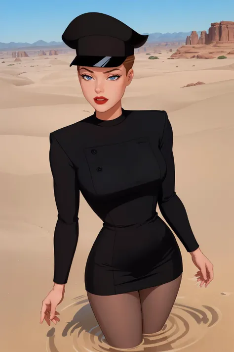 (masterpiece, best quality:1.2), <lora:mercy_graves:.9>, mercy graves, 1girl, solo, hat, short hair, lipstick, makeup, brown hair, pantyhose, black headwear, dress, black dress, blue eyes, breasts, large breasts, red lips, short dress, peaked cap, lips, very short hair, dirty, desert, wading, looking at viewer, sun mirage