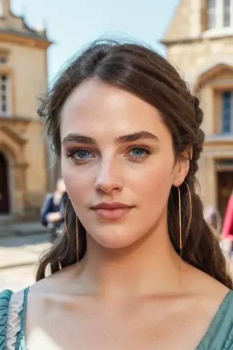 a naturally beautiful woman, in peasants dress, messy hair, in a medieval town square, ((close up)), [candid:0.5, amateur:0.5], 8K, RAW, UHD, perfect face, stunning clear eyes, <lora:jessicaBrownFindlay:1>, cinematic lighting