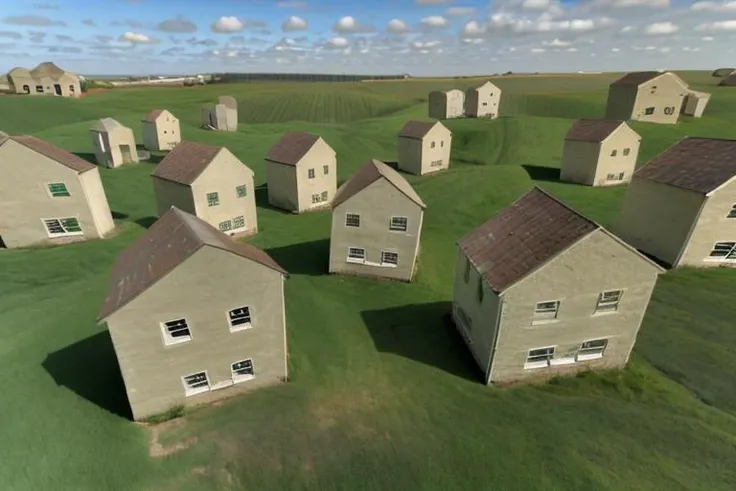 <lora:Level94:1> a group of houses in a field with grass, above