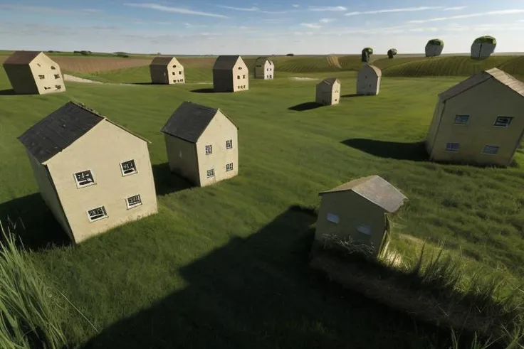 <lora:Level94:1> a group of houses in a field with grass, above