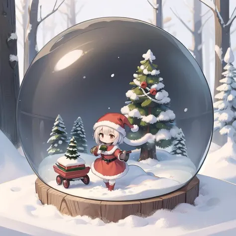masterpiece,petite,1girl,santa costume,chibi,loghouse,snow,outdoor,fir tree,snowglobe <lora:Snow_Globes:0.8>,snow is falling