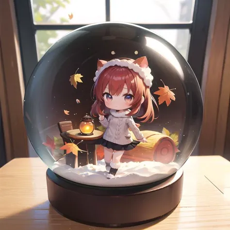 masterpiece,petite,1girl,knit onepiece,chibi,autumn leaves,road, snowglobe <lora:Snow_Globes:0.8>,on table indoor