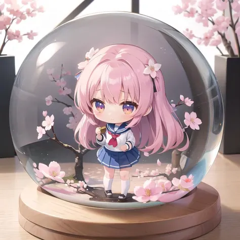 masterpiece,petite,1girl,sailor uniform,chibi,Cherry blossom trees,road, snowglobe <lora:Snow_Globes:0.8>,on table indoor