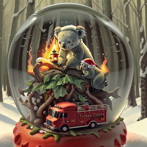 koala on firetruck with santa hat in a <lora:Snow_Globes:1> snowglobe, background (forest on fire:1.1)