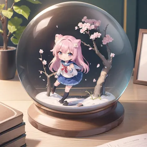 masterpiece,petite,1girl,sailor uniform,chibi,Cherry blossom trees,road, snowglobe <lora:Snow_Globes:0.8>,on table indoor