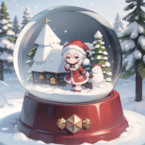 masterpiece,petite,1girl,santa costume,chibi,loghouse,snow,outdoor,fir tree,snowglobe <lora:Snow_Globes:0.8>