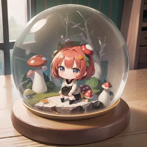 masterpiece,petite,1girl,knit onepiece,chibi,autumn leaves,mushroom, road, snowglobe <lora:Snow_Globes:0.8>,on table indoor