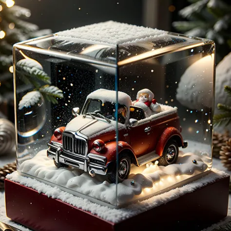 (car:1.3) front, snowglobe, (cube:1.5), ChristmasDecorativeStyle, centered, 8k, F2.8, RAW Photo, ultra detailed, extremely detailed <lora:ChristmasDecorativeStyle:0.5> <lora:Snow_Globes:0.8>