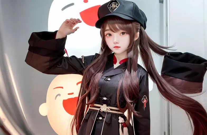 <lora:koreanDollLikeness_v15:0.5> <lora:huTaoGenshinImpact_v12:1>1girl,masterpiece, best quality, hu tao (genshin impact), boo tao,hat, red eyes, twintails, brown hair, solo, symbol-shaped pupils, long hair,bangs, black shorts ,(detailed eyes:1.2),8k, RAW photo