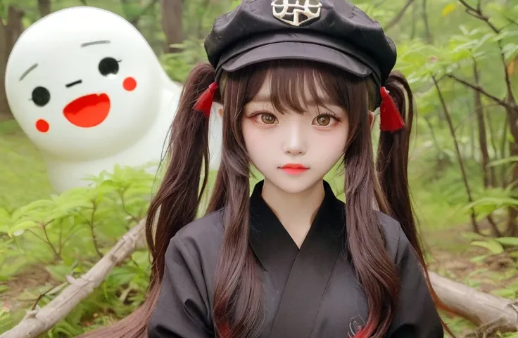 <lora:koreanDollLikeness_v15:0.5> <lora:huTaoGenshinImpact_v12:1>1girl,masterpiece, best quality, hu tao (genshin impact), boo tao,hat, red eyes, twintails, brown hair, solo, symbol-shaped pupils, long hair,bangs, black shorts ,(detailed eyes:1.2),8k, RAW photo