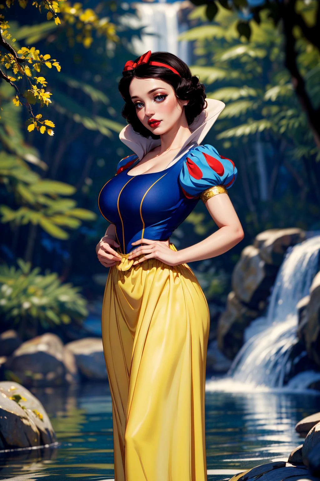 (ultra realistic,32k, masterpiece:1.2),(high detailed skin:1.1),( high quality:1.1),
<lora:Snow_White_Leaf5:0.8>1girl, solo, SnowWhite, short hair, black hair, smooth hair, bow, brown eyes, lipstick, red lipstick, pale skin, yellow dress skirt, long skirt, blue bodice, short sleeves, hair bow, hairband, puffy sleeves, puffy short sleeves, enchanted cascade, cascading magic, ethereal waters, enchanting waterfall blurry background,,(looking at viewer, standing, from below:1.1),, (huge breast,large breast:1.1),<lora:add_detail:0.84>,
(bioluminiscent:1.1),