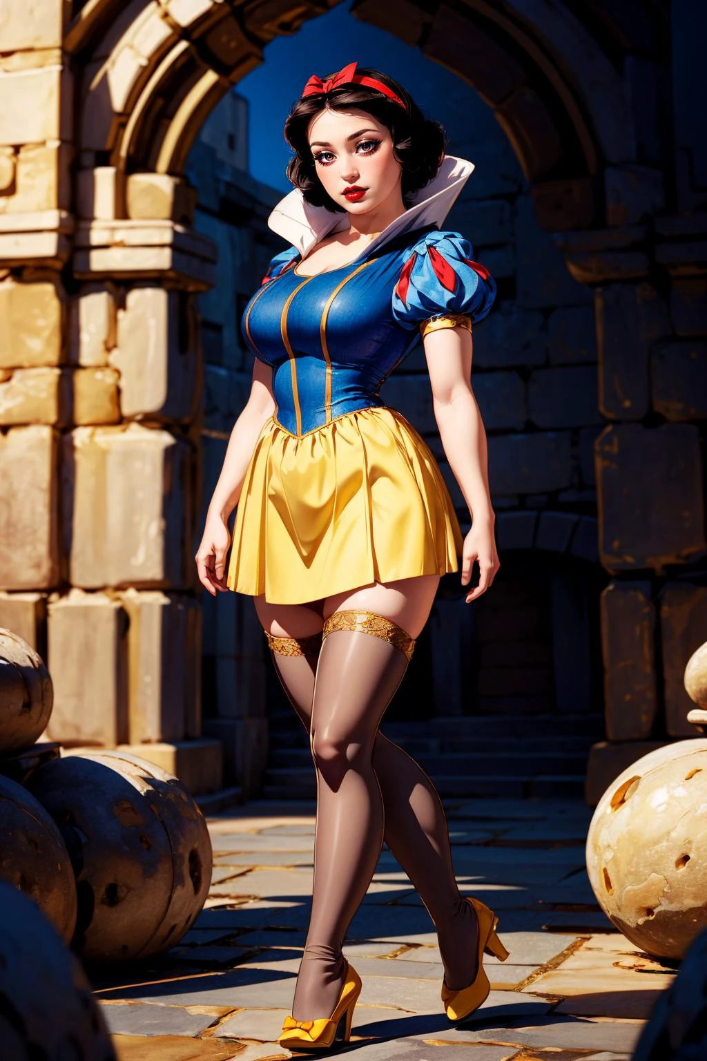(ultra realistic,32k, masterpiece:1.2),(high detailed skin:1.1),( high quality:1.1),
<lora:Snow_White_Leaf5:0.8>1girl, solo, SnowWhite, short hair, black hair, smooth hair, bow, brown eyes, lipstick, red lipstick, pale skin, yellow dress skirt, short skirt,thighhighs blue bodice, short sleeves, hair bow, hairband, puffy sleeves, puffy short sleeves, stormkeep citadel, thundering skies, imposing fortress, elemental power blurry background,,(looking at viewer, standing from below:1.1),, (huge breast,large breast:1.1),<lora:add_detail:0.91>,
(iridescence:1.1),