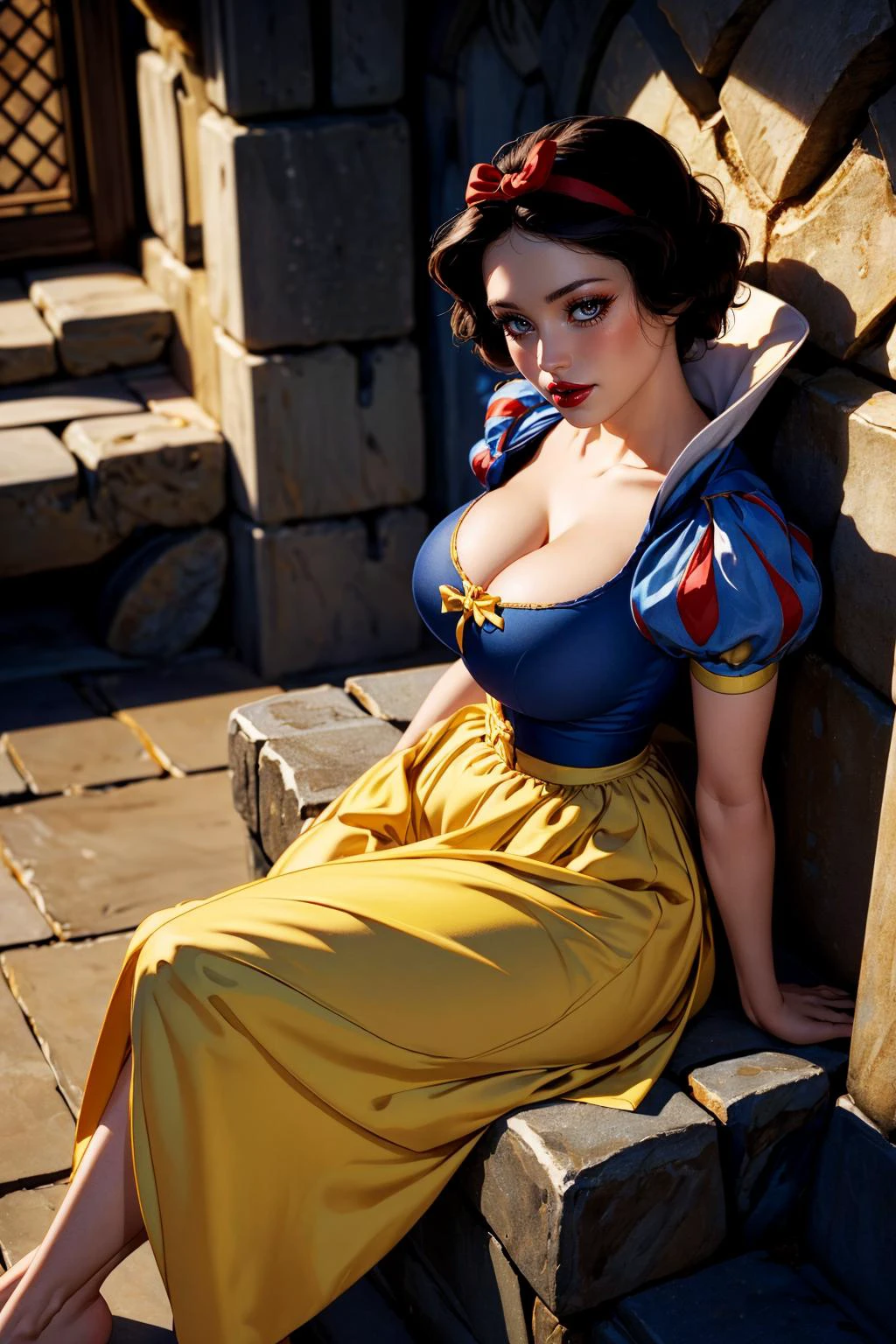 (ultra realistic,32k, masterpiece:1.2),(high detailed skin:1.1),( high quality:1.1),
<lora:Snow_White_Leaf5:0.8>1girl, solo, SnowWhite, short hair, black hair, smooth hair, bow, brown eyes, lipstick, red lipstick, pale skin, yellow dress skirt, long skirt, blue bodice, short sleeves, hair bow, hairband, puffy sleeves, puffy short sleeves, elemental haven, elemental forces, balance of elements, sacred sanctuary blurry background,,(looking at viewer, sitting, crossed legs, from above:1.1),, (huge breast,large breast:1.1),<lora:add_detail:0.88>,
(dense light rays:1.1),