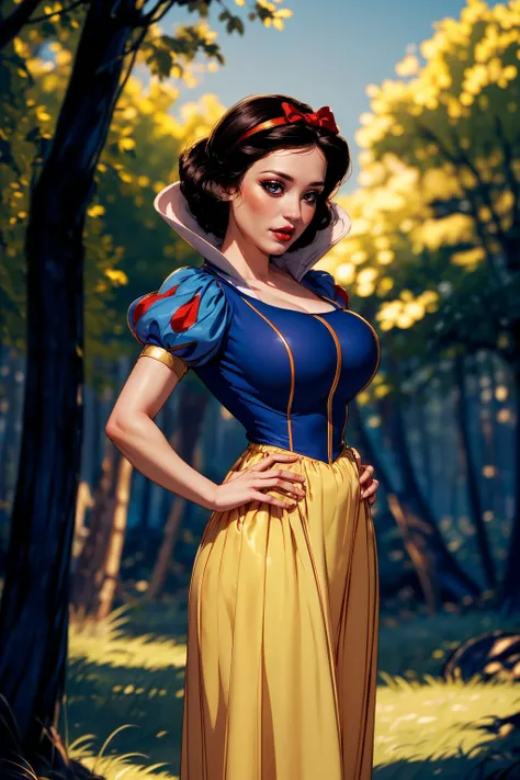 (ultra realistic,32k, masterpiece:1.2),(high detailed skin:1.1),( high quality:1.1),
<lora:Snow_White_Leaf5:0.8>1girl, solo, SnowWhite, short hair, black hair, smooth hair, bow, brown eyes, lipstick, red lipstick, pale skin, yellow dress skirt, long skirt, blue bodice, short sleeves, hair bow, hairband, puffy sleeves, puffy short sleeves, whispering wraithwoods, haunting whispers, spectral trees, domain of wraith-like creatures blurry background,,(looking at viewer, standing, from below:1.1),, (huge breast,large breast:1.1),<lora:add_detail:0.91>,
(golden hour:1.1),