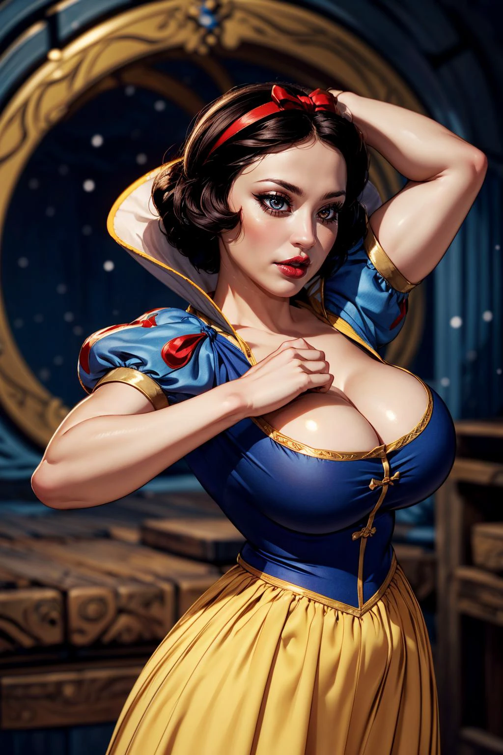 (ultra realistic,32k, masterpiece:1.2),(high detailed skin:1.1),( high quality:1.1),
<lora:Snow_White_Leaf5:0.8>1girl, solo, SnowWhite, short hair, black hair, smooth hair, bow, brown eyes, lipstick, red lipstick, pale skin, yellow dress skirt, long skirt, blue bodice, short sleeves, hair bow, hairband, puffy sleeves, puffy short sleeves, starforged armory, celestial craftsmanship, forging cosmic armor, armory of celestial warriors blurry background,,fighting stance pose, (huge breast,large breast:1.1),<lora:add_detail:0.92>,
(radiant:1.1),