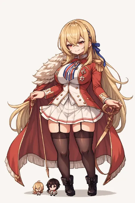 score_9, score_8_up, score_7_up, , rating_general,1girl ,mlkgv, blonde hair, blue ribbon. dress uniform, fur-trimmed cape, hair between eyes, large breasts, long hair, medal, red eyes, striped ribbon, white skirt, epaulettes, garter straps, black thighhighs, black boots, rudder footwear, smile, <lora:kgv-8:1>, naughty face, <lora:GBFPixelPDCAME Style:1>, pixel art, 2d, full portrait, simple background, white background, chibi