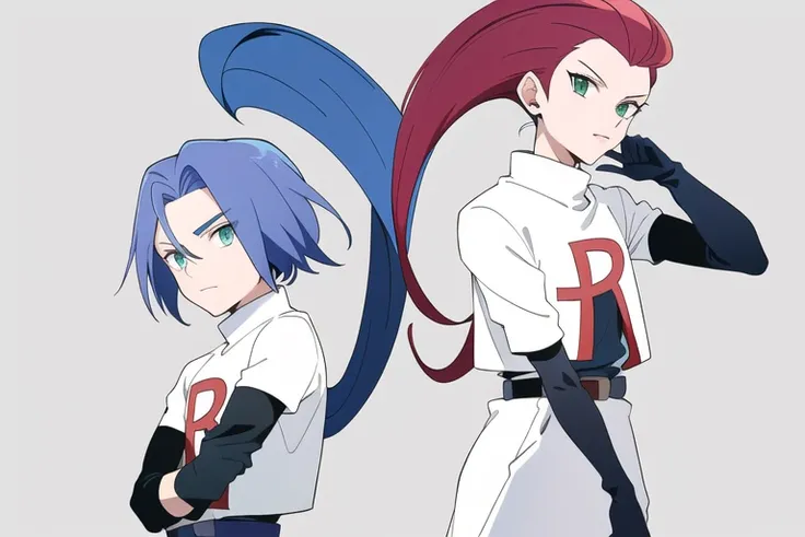TRJS, (1boy, male, blue hair, green eyes, team rocket uniform, gloves, pants) | (1girl, jessie, hair slicked back, red hair, blue eyes, team rocket uniform, gloves, boots, skirt), <lora:TRJS:0.9>, couple, grass, detailed