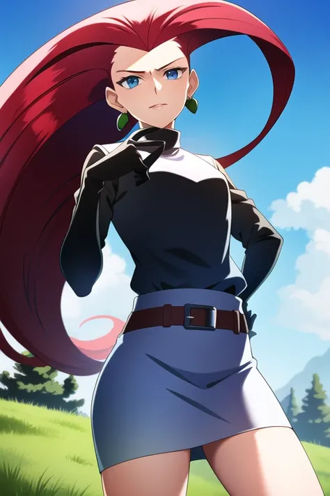 TRJS, 1girl, jessie, hair slicked back, red hair, earrings, blue eyes, gloves, boots, skirt, holding a pokeball, solo,  <lora:TRJS:0.8>, grass, magical dress, standing, cowboy shot