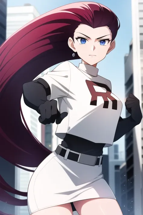 female, jessie, long hair slicked back, blue eyes, white team rocket uniform, dynamic pose, ambient lights, detailed,  <lora:TRJS:0.8>, short black gloves, red r on clothing, standing in a city, skirt