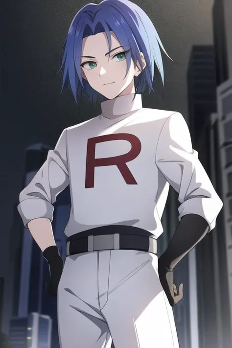 male, james, blue hair, green eyes, white team rocket outfit, standing in a city, ambient lights, detailed, <lora:TRJS:0.8>, short black gloves, red r on clothing