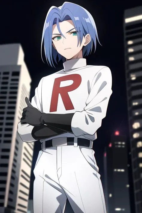 1boy, james, blue hair, green eyes, white team rocket outfit, standing in a city, ambient lights, detailed, <lora:TRJS:0.8>, short black gloves, red r on clothing