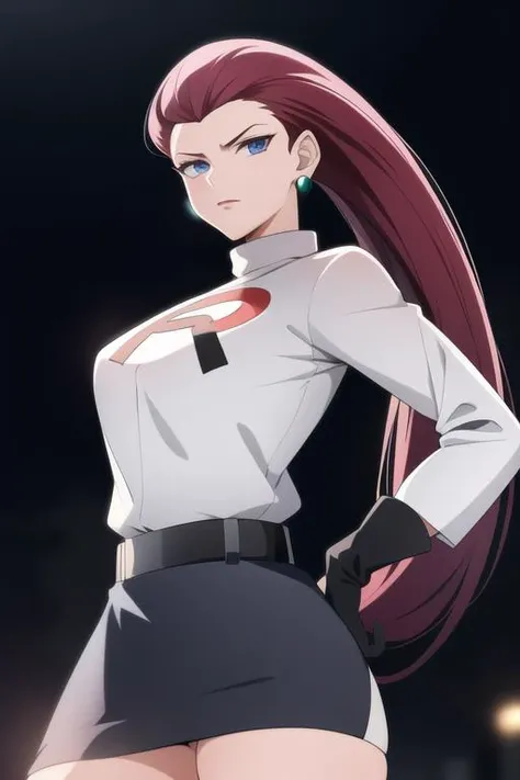 female, jessie, long hair slicked back, blue eyes, white team rocket uniform, dynamic pose, ambient lights, detailed, <lora:TRJS:0.8>, short black gloves, red r on clothing, standing in a city, skirt, earrings