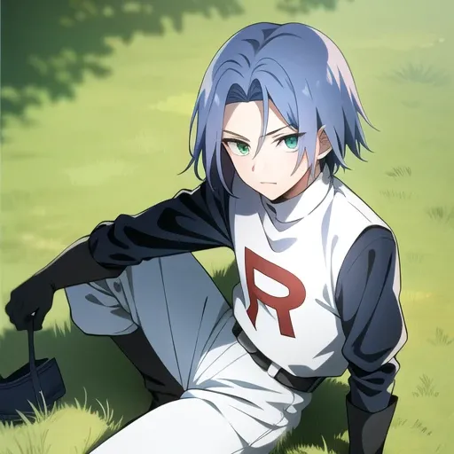 1boy, james, blue hair, green eyes, team rocket outfit, sitting in the grass, ambient lights, detailed,  <lora:TRJS:0.8>, short black gloves, red r outfit