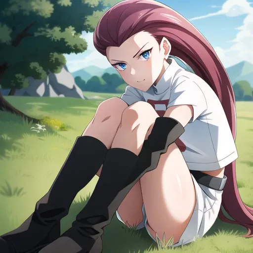 1girl, female, jessie, long hair slicked back, blue eyes, white team rocket uniform, ambient lights, detailed, <lora:TRJS:0.8>, short black gloves, red r on clothing, sitting in grass, solo, boots