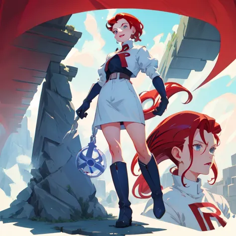 TRJS, solo, one woman,1girl, jessie, hair slicked back, red hair, blue eyes, gloves, boots, skirt, team rocket uniform,red r on clothing, gloves, detailed ,<lora:teamRocketJessieAndjames_jessieJamesV1:0.9>,  <lora:gachaSplashLORA_gachaSplashFantasy20:1>,[(white background:1.5),::5] hexagon, mid shot, full body, on the city path