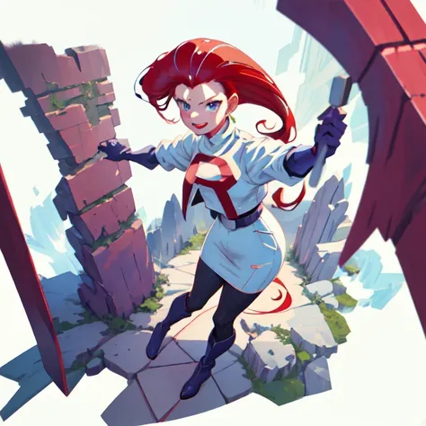 TRJS, solo, one woman,1girl, jessie, hair slicked back, red hair, blue eyes, gloves, boots, skirt,( team rocket uniform:1.2), red r on clothing, gloves, detailed ,<lora:teamRocketJessieAndjames_jessieJamesV1:0.9>,  <lora:gachaSplashLORA_gachaSplashFantasy20:1>,[(white background:1.5),::5] hexagon, mid shot, full body, on the city path