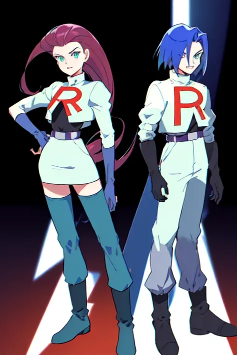 TRJS, (1boy, male, blue hair, green eyes, team rocket uniform, gloves, pants, long pants) | (1girl, jessie, hair slicked back, red hair, blue eyes, team rocket uniform, gloves, boots, skirt), couple, detailed ,<lora:teamRocketJessieAndjames_jessieJamesV1:1>,    mid shot, full body, (beautiful town:1.4)