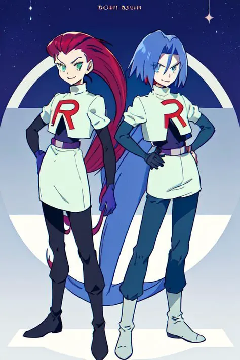 TRJS, (1boy, male, blue hair, green eyes, team rocket uniform, gloves, pants, long pants) | (1girl, jessie, hair slicked back, red hair, blue eyes, team rocket uniform, gloves, boots, skirt), couple, detailed ,<lora:teamRocketJessieAndjames_jessieJamesV1:1>, mid shot, full body, (beautiful town:1.4)