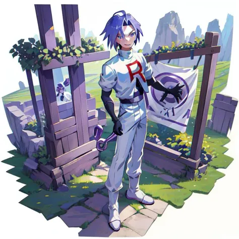 TRJS, solo, one man, 1boy, male, james, blue hair, green eyes, gloves, white pants, (team rocket uniform:1.3), gloves, detailed ,<lora:teamRocketJessieAndjames_jessieJamesV1:0.9>,   mid shot, full body,  <lora:gachaSplashLORA_gachaSplashFantasy20:1>,[(white background:1.5),::5] hexagon, mid shot, full body, on the farm path
